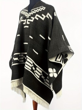 Casual V-Neck Tribal Pattern Poncho with Tassels - Polyester & Acrylic Blend, Non-Stretch Woven Fabric, Fall/Winter Warmth - Western Bandit Inspired Cape for Outdoor Adventures and Shopping