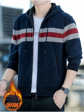 1pc Men'S Casual Color Block Chenille Hooded Knit Jacket - Polyester Long Sleeve Zip-Up with Slight Stretch, Regular Fit Hooded Sweater for Fall/Winter