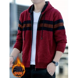 1pc Men'S Casual Color Block Chenille Hooded Knit Jacket - Polyester Long Sleeve Zip-Up with Slight Stretch, Regular Fit Hooded Sweater for Fall/Winter