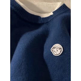 Men's Loose Color Block Cute Boy Graphic Print Fake Two-piece Knitted Pullover, Casual Long Sleeve Crew Neck Sweater For Fall