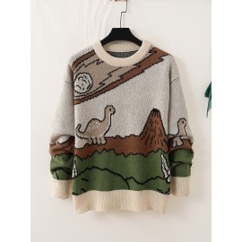 1pc Men'S Casual Round Neck Pullover Sweater, Polyester Knit with Animal Pattern, Loose Fit Long Sleeve for Autumn/Winter