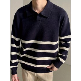 Men's Color Blocking Striped Golf Shirt For Autumn And Winter, Casual Stylish Long Sleeve Top As Gift