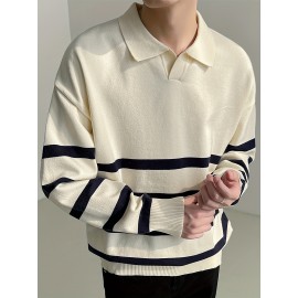 Men's Color Blocking Striped Golf Shirt For Autumn And Winter, Casual Stylish Long Sleeve Top As Gift