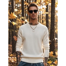 1pc HDW Men'S Casual Viscose Sweater - Round Neck, Solid Color, Loose Fit, Knitted Pullover with Stretch