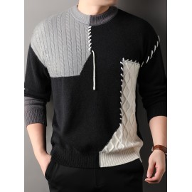 1pc Men'S Korean Style Crew Neck Sweater, Casual Striped Pattern, Rib-Knit, Slight Stretch, Loose Fit, Acrylic Knit Fabric, Thick Warm Patchwork Pullover for Fall/Winter - Fashionable Color Block Base Layer Top [12422]