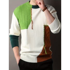 1pc Men'S Korean Style Crew Neck Sweater, Casual Striped Pattern, Rib-Knit, Slight Stretch, Loose Fit, Acrylic Knit Fabric, Thick Warm Patchwork Pullover for Fall/Winter - Fashionable Color Block Base Layer Top [12422]