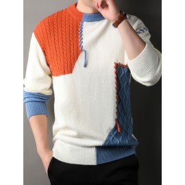 1pc Men'S Korean Style Crew Neck Sweater, Casual Striped Pattern, Rib-Knit, Slight Stretch, Loose Fit, Acrylic Knit Fabric, Thick Warm Patchwork Pullover for Fall/Winter - Fashionable Color Block Base Layer Top [12422]