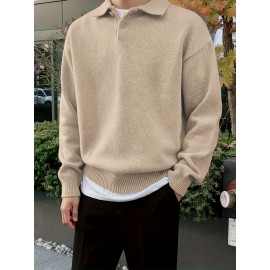 Men'S Casual Solid Color Button-Design Sweater | 100% Polyester Knit Fabric | Medium Stretch | Polo Collar | Loose Fit | Fall/Winter Collection