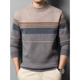 1pc Men'S Casual Striped Crew Neck Sweater, Polyester Knit Long Sleeve Pullover, Mature Style Solid Color Warm Top for Sports and Leisure