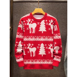 1pc Festive Acrylic Christmas Sweater for Men and Women - Crew Neck, Long Sleeve, Regular Fit, Knit Fabric with Deer and Tree Patterns, Medium Stretch, Party Pullovers for Fall/Winter