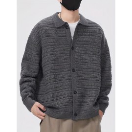 Men'S Fall/Winter Casual Rib-Knit Cardigan, Acrylic Blend, Preppy Style, Loose Fit, Relaxed Shoulder, Long Sleeve, Solid Color, Medium Stretch, Knit Fabric, with Lapel Collar and Open Front for Men