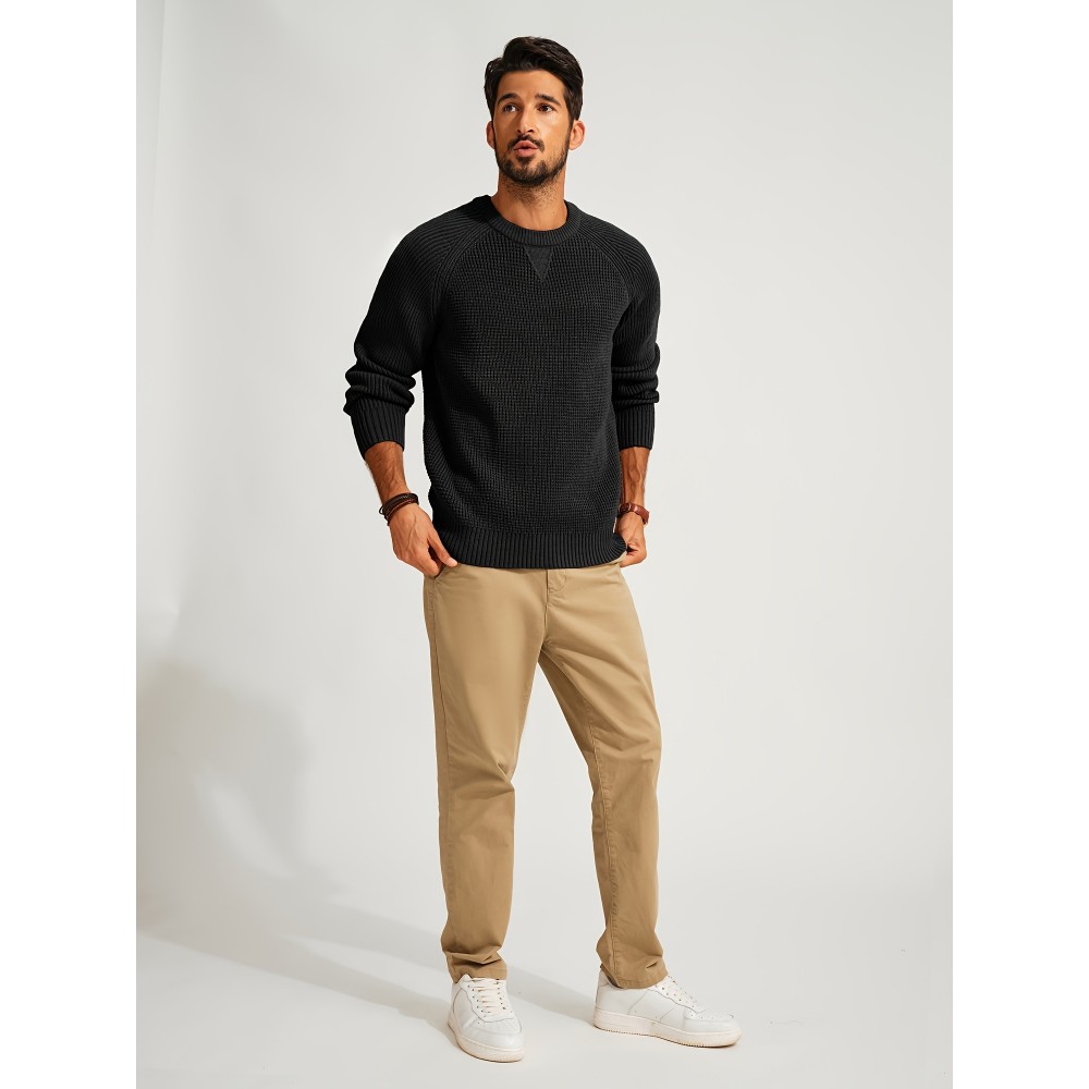 Men Waffle Textured Sweater Long Raglan Sleeve Crew Neck Ribbed Cuff Pullover Men Waffle Textured Sweater Long Raglan Sleeve Crew Neck Ribbed Cuff Pullover