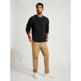 Men Waffle Textured Sweater Long Raglan Sleeve Crew Neck Ribbed Cuff Pullover