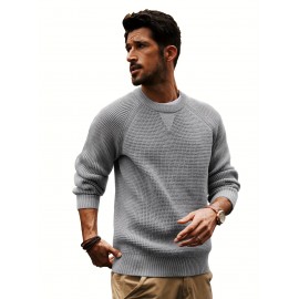 Men Waffle Textured Sweater Long Raglan Sleeve Crew Neck Ribbed Cuff Pullover Men Waffle Textured Sweater Long Raglan Sleeve Crew Neck Ribbed Cuff Pullover