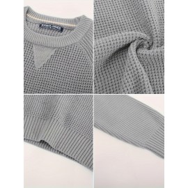Men Waffle Textured Sweater Long Raglan Sleeve Crew Neck Ribbed Cuff Pullover Men Waffle Textured Sweater Long Raglan Sleeve Crew Neck Ribbed Cuff Pullover