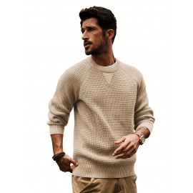 Men Waffle Textured Sweater Long Raglan Sleeve Crew Neck Ribbed Cuff Pullover Men Waffle Textured Sweater Long Raglan Sleeve Crew Neck Ribbed Cuff Pullover