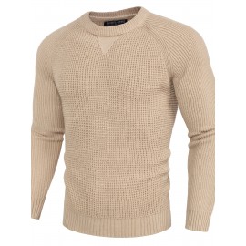 Men Waffle Textured Sweater Long Raglan Sleeve Crew Neck Ribbed Cuff Pullover Men Waffle Textured Sweater Long Raglan Sleeve Crew Neck Ribbed Cuff Pullover