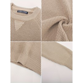 Men Waffle Textured Sweater Long Raglan Sleeve Crew Neck Ribbed Cuff Pullover Men Waffle Textured Sweater Long Raglan Sleeve Crew Neck Ribbed Cuff Pullover