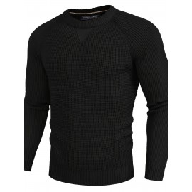 Men Waffle Textured Sweater Long Raglan Sleeve Crew Neck Ribbed Cuff Pullover Men Waffle Textured Sweater Long Raglan Sleeve Crew Neck Ribbed Cuff Pullover