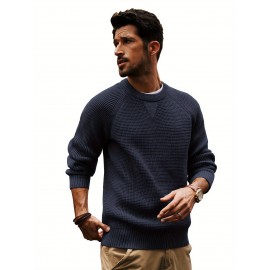 Men Waffle Textured Sweater Long Raglan Sleeve Crew Neck Ribbed Cuff Pullover Men Waffle Textured Sweater Long Raglan Sleeve Crew Neck Ribbed Cuff Pullover