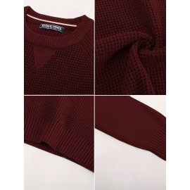 Men Waffle Textured Sweater Long Raglan Sleeve Crew Neck Ribbed Cuff Pullover Men Waffle Textured Sweater Long Raglan Sleeve Crew Neck Ribbed Cuff Pullover