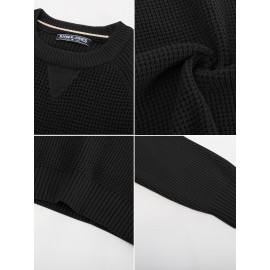 Men Waffle Textured Sweater Long Raglan Sleeve Crew Neck Ribbed Cuff Pullover Men Waffle Textured Sweater Long Raglan Sleeve Crew Neck Ribbed Cuff Pullover
