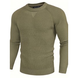 Men Waffle Textured Sweater Long Raglan Sleeve Crew Neck Ribbed Cuff Pullover Men Waffle Textured Sweater Long Raglan Sleeve Crew Neck Ribbed Cuff Pullover