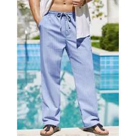 Men's Lightweight Striped Casual Pants with Elastic Waist and Pockets - Perfect for Casual Attire Men's Lightweight Striped Casual Pants with Elastic Waist and Pockets - Perfect for Casual Attire