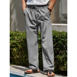 Men's Lightweight Striped Casual Pants with Elastic Waist and Pockets - Perfect for Casual Attire Men's Lightweight Striped Casual Pants with Elastic Waist and Pockets - Perfect for Casual Attire