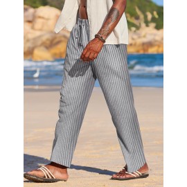 Men's Lightweight Striped Casual Pants with Elastic Waist and Pockets - Perfect for Casual Attire Men's Lightweight Striped Casual Pants with Elastic Waist and Pockets - Perfect for Casual Attire