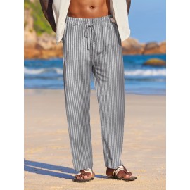 Men's Lightweight Striped Casual Pants with Elastic Waist and Pockets - Perfect for Casual Attire Men's Lightweight Striped Casual Pants with Elastic Waist and Pockets - Perfect for Casual Attire
