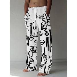 Men's Casual Athletic Joggers with Abstract Face Print - Loose Fit, Polyester Blend, Machine Washable