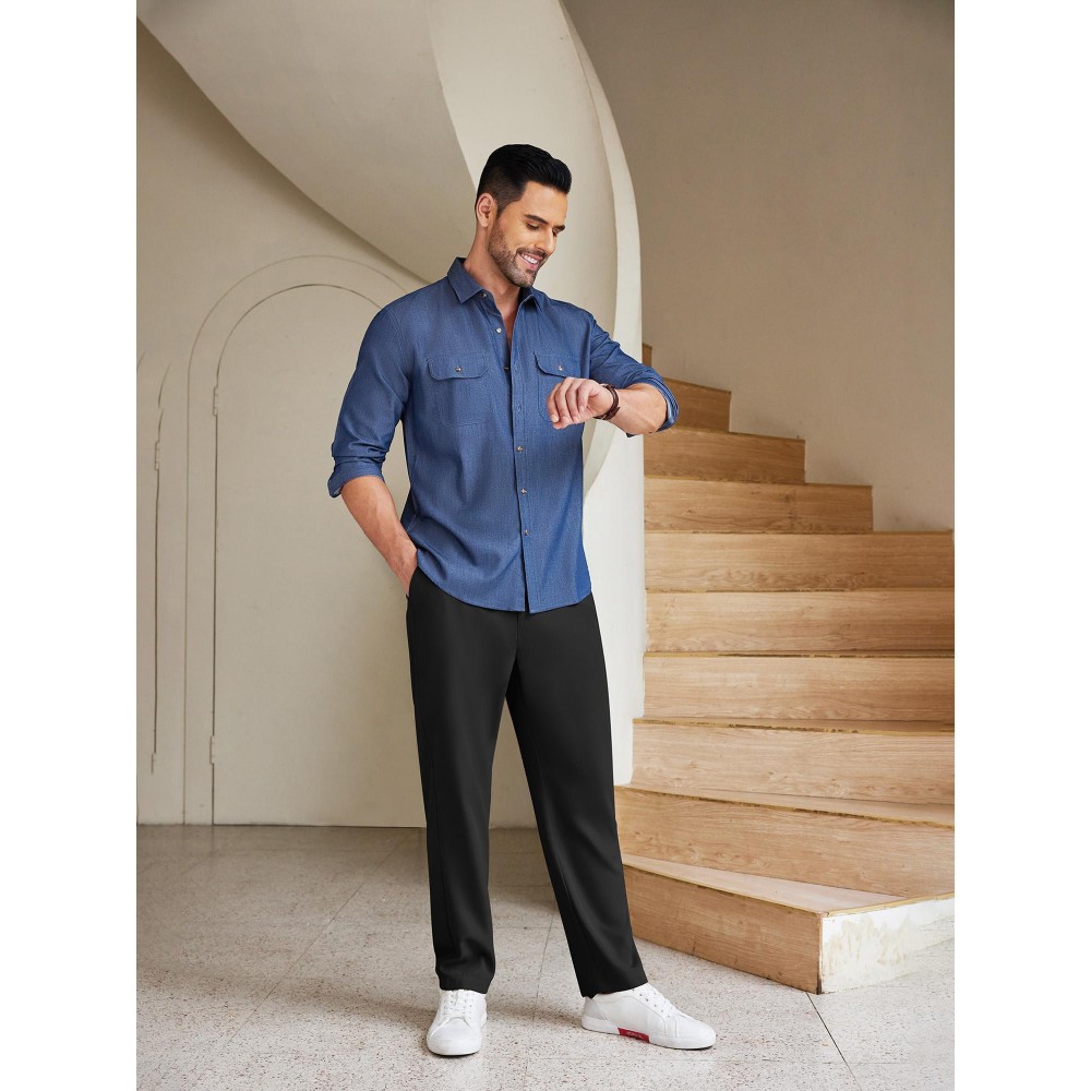 Men'S Casual Chino Pants, Rayon Blend, Non-Stretch, Solid Color, Regular Fit, with Button Detail, for All-Season Woven Flat Front Drawstring Trousers Men'S Casual Chino Pants, Rayon Blend, Non-Stretch, Solid Color, Regular Fit, with Button Detail, for All-Season Woven Flat Front Drawstring Trousers