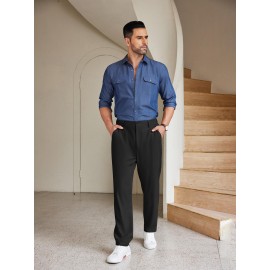 Men'S Casual Chino Pants, Rayon Blend, Non-Stretch, Solid Color, Regular Fit, with Button Detail, for All-Season Woven Flat Front Drawstring Trousers Men'S Casual Chino Pants, Rayon Blend, Non-Stretch, Solid Color, Regular Fit, with Button Detail, for All-Season Woven Flat Front Drawstring Trousers