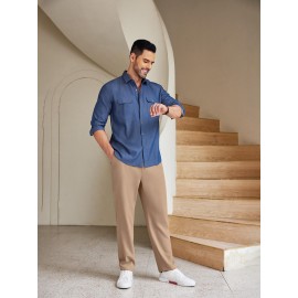 Men'S Casual Chino Pants, Rayon Blend, Non-Stretch, Solid Color, Regular Fit, with Button Detail, for All-Season Woven Flat Front Drawstring Trousers Men'S Casual Chino Pants, Rayon Blend, Non-Stretch, Solid Color, Regular Fit, with Button Detail, for All-Season Woven Flat Front Drawstring Trousers