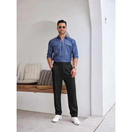 Men'S Casual Chino Pants, Rayon Blend, Non-Stretch, Solid Color, Regular Fit, with Button Detail, for All-Season Woven Flat Front Drawstring Trousers Men'S Casual Chino Pants, Rayon Blend, Non-Stretch, Solid Color, Regular Fit, with Button Detail, for All-Season Woven Flat Front Drawstring Trousers