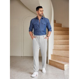 Men'S Casual Chino Pants, Rayon Blend, Non-Stretch, Solid Color, Regular Fit, with Button Detail, for All-Season Woven Flat Front Drawstring Trousers Men'S Casual Chino Pants, Rayon Blend, Non-Stretch, Solid Color, Regular Fit, with Button Detail, for All-Season Woven Flat Front Drawstring Trousers