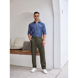 Men'S Casual Chino Pants, Rayon Blend, Non-Stretch, Solid Color, Regular Fit, with Button Detail, for All-Season Woven Flat Front Drawstring Trousers Men'S Casual Chino Pants, Rayon Blend, Non-Stretch, Solid Color, Regular Fit, with Button Detail, for All-Season Woven Flat Front Drawstring Trousers