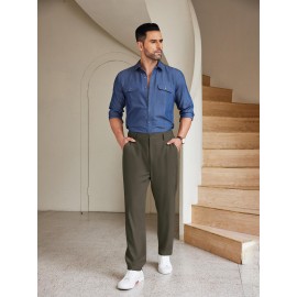 Men'S Casual Chino Pants, Rayon Blend, Non-Stretch, Solid Color, Regular Fit, with Button Detail, for All-Season Woven Flat Front Drawstring Trousers Men'S Casual Chino Pants, Rayon Blend, Non-Stretch, Solid Color, Regular Fit, with Button Detail, for All-Season Woven Flat Front Drawstring Trousers