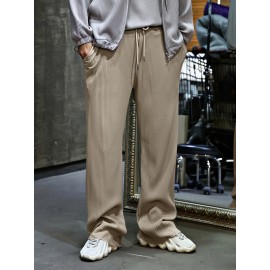 Men's Drawstring Pants Mid Waist Straight Leg Long Pants Casual Solid Color Ribbed Pants Men's Drawstring Pants Mid Waist Straight Leg Long Pants Casual Solid Color Ribbed Pants