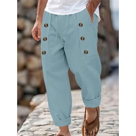 [Trusted] Men's Casual Cotton Linen Pants with Multi-Button Detail - Loose Fit, Solid Color, Perfect for Beach & Summer