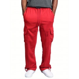 1pc Men'S Casual Cotton Cargo Pants - Solid Color, Mid Waist, Slight Stretch, Regular Fit, Woven Fabric, No Belt, Fall Season, Adult - Drawstring Elastic Waist, Loose Fit Yoga Beach Trouser