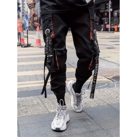 Men's Cargo Joggers, Loose Fit Tapered Leg Trousers With Straps And Ribbed Cuffs, Sports Drawstring Pants For Streetwear