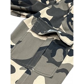 Men's Camo Cargo Pants with Flap Pockets & Drawstring Waist - Casual Outdoor Workwear, Polyester