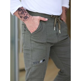 Men's Cotton Blend Label Decor Jogger Pants With Drawstrings, Casual Loose Fit Harem Trousers As Gift