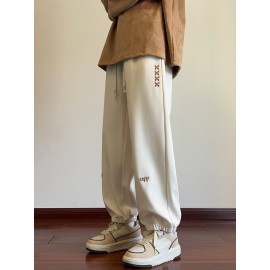 Men's Casual Joggers with Embroidered Design - Comfy Drawstring Sweatpants for Spring & Fall, Versatile Loose Fit
