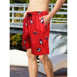 Men's Trendy Cartoon Penguin Pattern Print Active Shorts, Drawstring Beach Shorts For Summer Beach Resort, Hawaiian Shorts