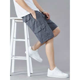 Casual Solid Men's Regular Fit Elastic Waist Cotton Cargo Shorts With Side Pockets For Summer Outdoor Leisure And Work