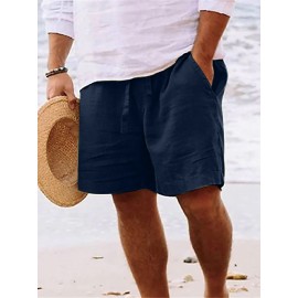 1pc Men'S Casual Linen Blend Shorts - Solid Color, Drawstring Elastic Waist, Breathable Slight Stretch Fabric, Loose Fit Beach Shorts