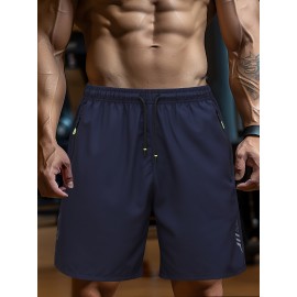 Men's Solid Shorts With Zipper Pockets, Casual Elastic Waist Drawstring Shorts For Summer